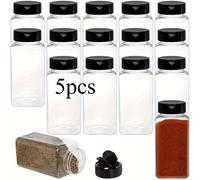 TEMU Juego de 5 Tarros de Especias de Plástico Transparente de 520ml/17oz con Tapas Negras, Organizador de Condimentos, Contenedores Cuadrados con Saleros y Pimenteros Reutilizables, Tapas Herméticas