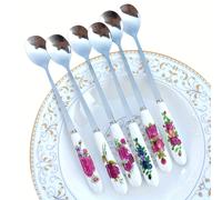 TEMU Juego de 6 cucharas de café alargadas, cubiertos distintivos de acero inoxidable, cucharitas pequeñas encantadoras y atractivas con de cerámica vintage, ideales para remover , miel, sopa y té