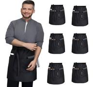 TEMU Juego de 6 delantales negros de media con tres bolsillos para meseros de casa y restaurantes, ideales para cafeterías y restaurantes, delantales de color sólido en un estilo minimalista