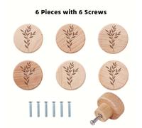 TEMU Juego de 6 perillas de madera con grabados florales y 6 tornillos - Manijas de decoración para armarios y cajones. Instalación fácil para muebles | Estética | Manija de mueble de madera