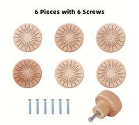 TEMU Juego de 6 pomos de madera para gabinetes con tallados de sol radiante - 6 tornillos para una fácil instalación. Para una fácil instalación en muebles | Estética | Mango para muebles de madera