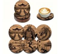 TEMU Juego de 6 Posavasos de Madera con Diseño de Samurái Japonés y , Puerta Torii Tradicional y , Adecuados para Té, Café y Bebidas, para Decoración del Hogar y Regalos de Inauguración