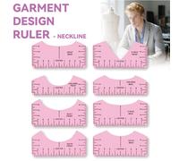 TEMU Juego de 8 Piezas, Regla para Diseño de Ropa Rosa, Calibrador V-Cuello en Uno, Herramienta de Costura para Camisetas y T-Shirts, Guía PVC, Cinta Métrica para Escote