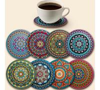 TEMU Juego de 8 Posavasos de Madera con Diseño Mandala, Esenciales para Reuniones Festivas, Ideales para Bares, Oficinas y Hogar, Tamaño 10 cm x 10 cm