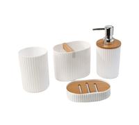 TEMU Juego de accesorios de baño de plástico elegante con detalles de madera, organizador y asistente de higiene, regalo ideal para inauguración de la casa, 4/6 piezas