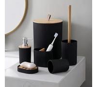 TEMU Juego de accesorios de baño de plástico elegante con detalles de madera, organizador y asistente de higiene, regalo ideal para inauguración de la casa, 4/6 piezas