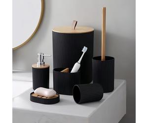 TEMU Juego de accesorios de baño de plástico elegante con detalles de madera, organizador y asistente de higiene, regalo ideal para inauguración de la casa, 4/6 piezas