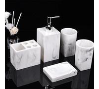 TEMU Juego de accesorios de baño de resina que mármol, que un vaso para enjuague bucal, un soporte para jabón, un soporte para cepillos de dientes y una botella de champú para uso doméstico
