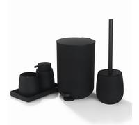 TEMU Juego de accesorios de baño negro mate, bote de basura pequeño de 3L/0.8Gal, porta cepillos de dientes, jabonera, bandeja de tocador, escobilla y soporte de baño negro, 5 piezas
