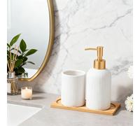 TEMU Juego de Accesorios Premium para Baño con Dispensador de Jabón de Manos con Bomba Dorada, Rodillo y Bandeja de Madera - Set de 3 Piezas para Baño,