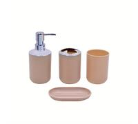 TEMU Juego de baño beige de 4 piezas: botella de loción + soporte para cepillo de dientes + vaso para enjuague bucal + de jabón con cabezal de pulverización