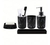 TEMU Juego de baño de 5 piezas con diseño de mármol negro y , vasos para enjuague bucal, soporte para cepillos de dientes, dispensador de jabón, de jabón y bandeja
