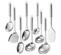 TEMU Juego de cucharas de cocina de acero inoxidable con espátula, colador y cucharón - Juego completo para cocinar en casa