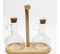 TEMU Juego de dispensadores de aceite de cristal prémium, para cocinas modernas, con dos salseras de cristal estriado y un soporte de bambú natural para un almacenamiento elegante y organizado