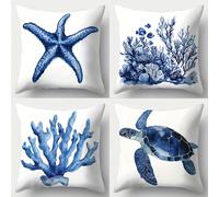TEMU Juego de fundas de cojín de 4 piezas, con un estilo e en , con oceánicos azules sobre una base blanca. Ideal para decoración del hogar, 17.7X17.7 pulgadas. Sin relleno