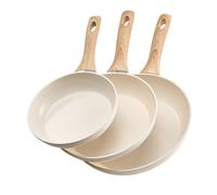 TEMU Juego de sartenes de aluminio de 3 piezas VEVOR, 7,87", 9,45" ,02", con mango, para usar, color beige.