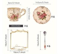 TEMU Juego de Tazas y Platillos con Flores para Té de 7 piezas / 19 piezas, Juego de Té, Juego de Tazas Florales de Cerámica con Soporte Dorado, Juego de Tazas de Café, 8oz
