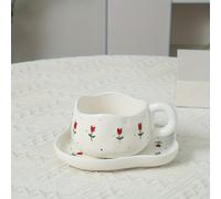 TEMU Juego de tazas y platillos de cerámica para café con diseño de tulipanes y rosas, pintados y construidos a , para uso doméstico