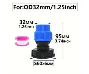 TEMU Kit de Adaptador para de Agua IBC de 1000L - Conector de Tubo PE S60x32mm, Accesorio de Grifo DN25 para de Lluvia Exteriores y Riego Agrícola