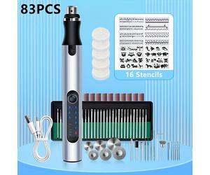TEMU Kit de herramienta rotativa inalámbrica USB plateada de 58 piezas/74 piezas/83 piezas, pluma de grabado para carpintería, joyería, metal, vidrio, mini taladro inalámbrico