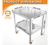 TEMU Mesa de trabajo móvil de acero inoxidable ajustable - una mesa de cocina con estante, de soportar 300 kg, ideal para usar como carrito de parrilla o de trabajo en catering, educativos y camping