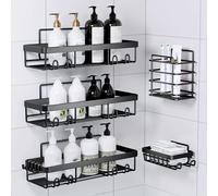 TEMU Organizador de ducha, estantes de ducha negros para interior de ducha con jabonera y portal cepillos de dientes, cestas de estante de pared de acero inoxidable montadas con adhesivos (5 piezas)