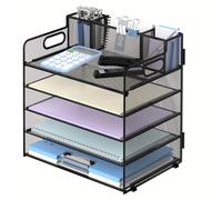 TEMU Organizador de escritorio de 5 capas con asa y 3 soportes para bolígrafos, organizador de papeles/archivos en rejilla para escritorio, bandeja organizadora de papeles para suministros de oficina