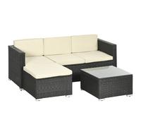 TEMU Outsunny 3pcs Juego de muebles de jardín de mimbre Mueble de exterior de mimbre asientos Sofá con cojines Mesa de café con superficie de vidrio con reposapiés anti-UV Negro