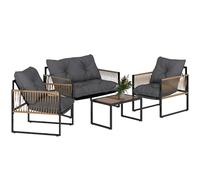 TEMU Outsunny Conjunto Jardín Exterior de Ratán, Muebles Jardín Exterior para 4 Piezas, Muebles con 1 Sofá de 2 Plazas, 2 Sillones, Cojines y 1 Mesa de Tablero de Vidrio, para Patio, y Marrón