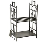 TEMU Outsunny Soporte para Leña de Metal de 2 Niveles Estante para Leña con 4 Herramientas y para Chimenea para Interior y Exterior 51.5x33x77 cm Negro Dorado