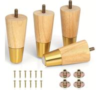 TEMU Patas de muebles de madera 4 pzas, pata de sofá de madera con tapas doradas, pies de repuesto de estilo moderno de mediados de para sofá, cómoda, gabinete, , soporte de TV, sillón, , etc.