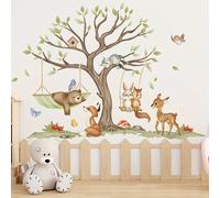 TEMU Pegatina de pared de oso y zorro de dibujos animados columpiándose en un columpio, papel tapiz autoadhesivo decorativo de gran árbol para habitación infantil, dormitorio, , sofá