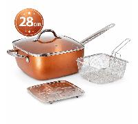 TEMU Sartén cuadrada 28 cm con de vidrio, cesta para freír y bandeja vapor/grill, revestimiento cerámico antiadherente, aluminio 2,5 mm, para inducción, gas, vitro, horno y lavavajillas
