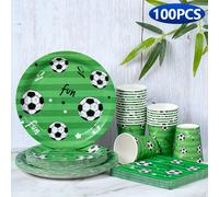 TEMU Set de 100 piezas de suministros para temática de fútbol verde | platos de papel, vasos y servilletas para 25 , ideal para , fiestas y celebraciones al