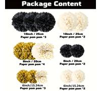 TEMU Set de 16 bolas de flores de papel negras y doradas, ideal para decoraciones de , graduación, despedida de soltera, Halloween y otras fiestas. Suministros para decoración colgante.