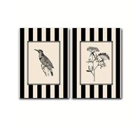 TEMU Set de 2 pósters planos 2D de pájaros y flores, de pared con rayas negras, de pared Cottagecore, impresión de dibujo lineal de la , impresión de pared de galería, sin