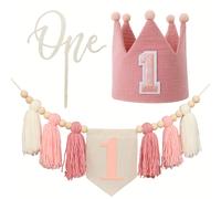 TEMU Set de 3 piezas para decoración de de : un banner y para silla , un sombrero de corona de tela rosa vintage, un adorno para , ideal para decoraciones de de , accesorios para fotos