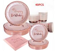 TEMU Set de 40 piezas, Decoración de Rosa , Platos de Postre , Servilletas, Vasos, Decoraciones para de de Mujer