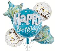 TEMU Set de 5 globos de papel de aluminio de 22 pulgadas redondos con felices, agate impreso con corazones y estrellas de puntas, accesorios para decoración de fiestas de y fotos