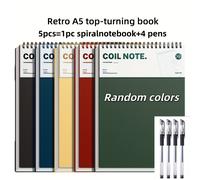 TEMU Set de 5 piezas, 1 cuaderno y 4 bolígrafos, colores aleatorios, cuaderno y diario retro A5 - Páginas de cara, papel de 80G, y diseño de acuarela - para la universidad