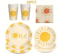 TEMU Set de Decoración de de 60 piezas para la del Primer con un Tema Bohemio Hippie Sol, Platos de Papel, Vasos y Servilletas para