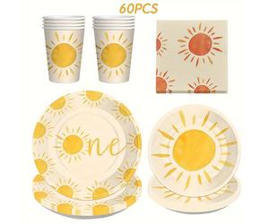 TEMU Set de Decoración de de 60 piezas para la del Primer con un Tema Bohemio Hippie Sol, Platos de Papel, Vasos y Servilletas para