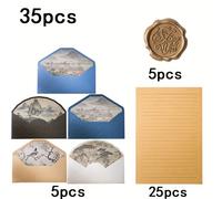 TEMU Set de papelería de 35 piezas estilo pintura china con tinta, regalo de , ideal para invitaciones de festivos, contiene 25 hojas de carta, 5 sobres y 5 sellos de cera
