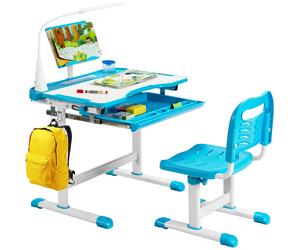 TEMU Set Escritorio y Silla para Niños +6 Años, Pupitres Infantil Altura Ajustable y Reclinable, Escritorio Infantil con Luz LED, Atril para Libros, Portalápices, 64X49X52-79cm Azul