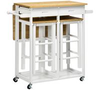 TEMU Set HOMCOM: , carrito de cocina, mesa de cocina plegable con ruedas + 2 taburetes, color y madera - 2 cajones y soporte para toallas