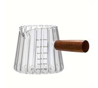 TEMU Taza de leche pequeña de 6 onzas con mango de madera, taza medidora de café de vidrio, mini jarra de leche vertical con rayas