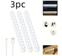 TEMU Tiras de luz LED recargables con sensor de movimiento, 3 piezas, de pared con encendido/apagado automático, regulables, para gabinetes, armarios, dormitorios, oficina, bodegas y baúles