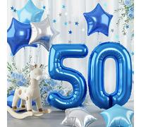 TEMU Un gran de aluminio azul de 40 pulgadas con forma de número 50, para un '50 , junto con un de estrella auto-inflable en plata y azul , ideal para decoraciones de de y graduación para mujeres