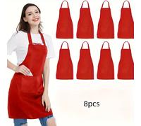 TEMU Un juego de 8 delantales neutros - Poliéster duradero de color sólido, cuello ajustable, 2 bolsillos grandes, adecuado para cocinar, asar y , manualidades navideñas, lavable a máquina