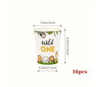 TEMU Vaso de Papel Desechable Wild One de 16 piezas de 9oz - Temática de Animales de para Decoraciones de Primera de y Helado